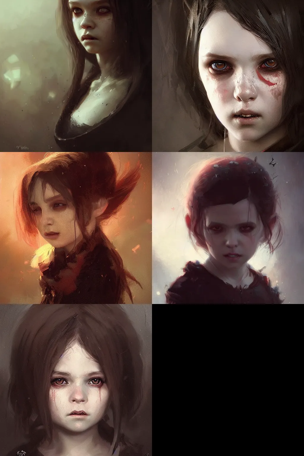 Prompt: Portrait of a small vampire girl, detailed face, fantasy, highly detailed, cinematic lighting, digital art painting by greg rutkowski