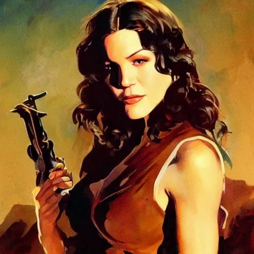 Image similar to ultra realistic portrait painting of katharine mcphee as a western outlaw, art by frank frazetta, 4 k, ultra realistic, highly detailed, epic lighting.