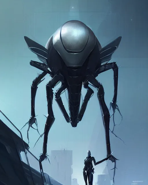 Image similar to concept art for a tall bug futursitc knight, designed to appear like an insect, sleek design, futursitic design, detailed digital illustration by greg rutkowski, android netrunner
