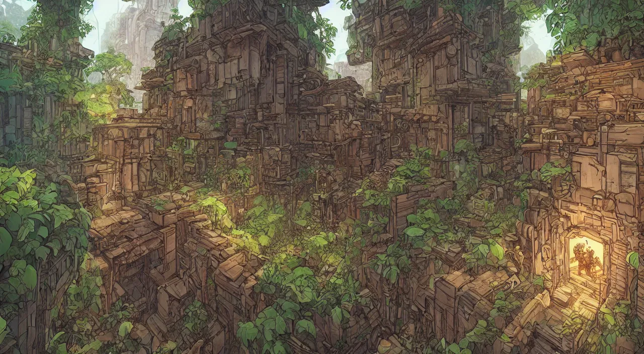 Image similar to open door wood wall fortress greeble block amazon jungle on portal unknow world ambiant fornite that looks like it is from borderlands and by feng zhu and loish and laurie greasley, victo ngai, andreas rocha, john harris