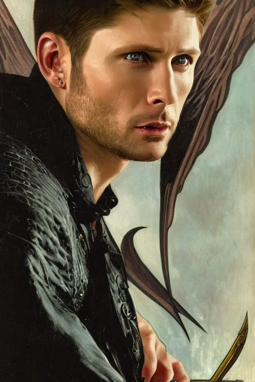 Image similar to a detailed matte portrait of an jensen ackles dressed as the vampire angel from buffy the vampire slayer, masterpiece, 8 k, art by alphonse mucha and greg rutkowski