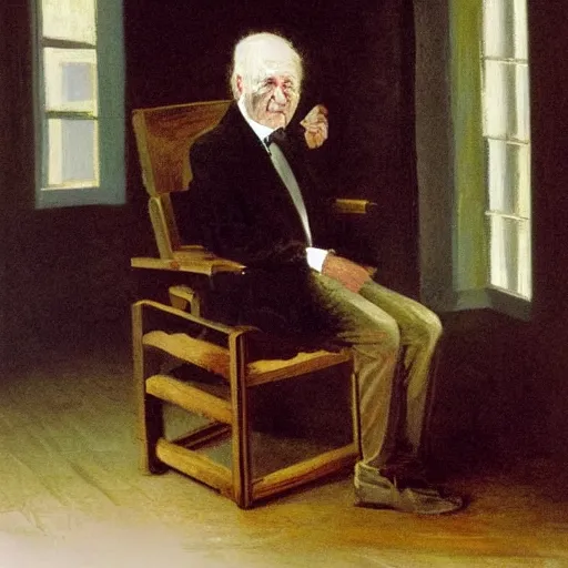 Image similar to angry old man in chair inside a dark house, painting by by ralph grady james, jean christian biville