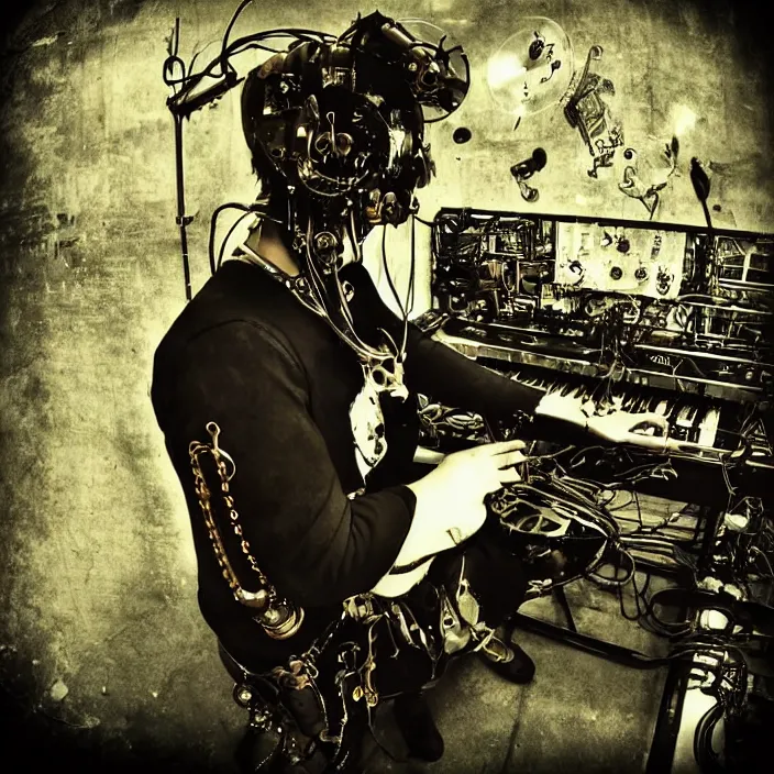 Prompt: “Steampunk Cyborg Rock Singer with 4 hands playing keyboard and drums. Minimalistic. Smooth, cinematic lighting. Fisheye lens. Old torn photograph. ”