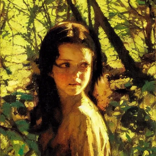 Image similar to young girl lost in a forest, by dean cornwell, sunlit