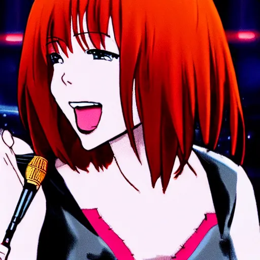 Prompt: a anime girl with red hair singing her heart out as a popstar in star wars