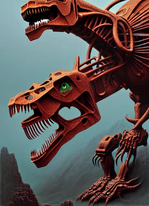 Prompt: transformer trex robot dinosaur, by roberto aizenberg, zdzisław beksinski, brian despain, peter gric, boris artzybasheff and hr giger, hyper detailed, screen print, concept art, hyperrealism, coherent, cgsociety, zbrush central, behance hd, hypermaximalist