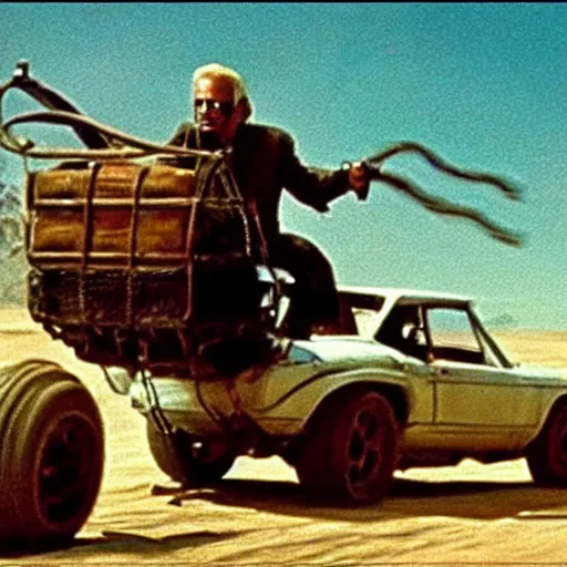 Image similar to The coolest action shot of the lead actor Joe Biden standing on a buggy whirling a leather whip - from the movie Mad Max (1988)