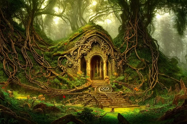 Image similar to a beautiful and highly detailed digital painting of an elven temple in a lush valley in mirkwood forest, psychedelic patterns, intricate details, epic scale, 8 k, sharp focus, photorealism, artstation, cgsociety, by caspar friedrich, albert bierstadt, james gurney, brian froud,