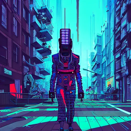 Image similar to A cyberpunk shark cyborg on the street of a cyberpunk city, Dutch angle, 150 mm, art by Josan Gonzalez, sci-fi, highly detailed, digital painting, artstation, smooth, sharp focus, illustration, concept art by Josan Gonzalez and James Gurney and Mœbius