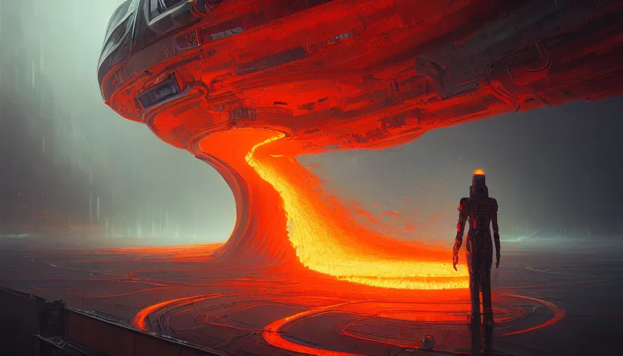 Image similar to moody portrait of a vast flaming robotic hellscape full of robotic chains and fite, path traced, environment, highly detailed, high quality, digital painting, alena aenami, lilia alvarado, shinji aramaki, karol bak, alphonse mucha, tom bagshaw