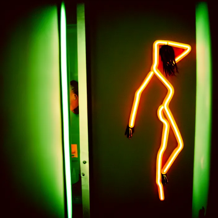 Prompt: skinny agile neon cyborg trying to claw its way out of a bathroom stall, by chris cunningham, nightmare, horror, 3 5 mm, film shot