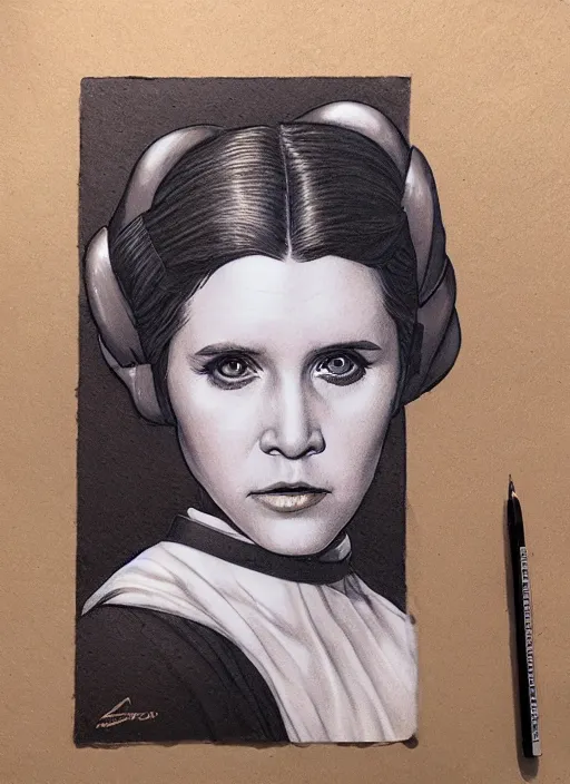 Prompt: Princess Leia, by artgerm, beautiful, mixed media on toned paper, 2021, very detailed, coffee art