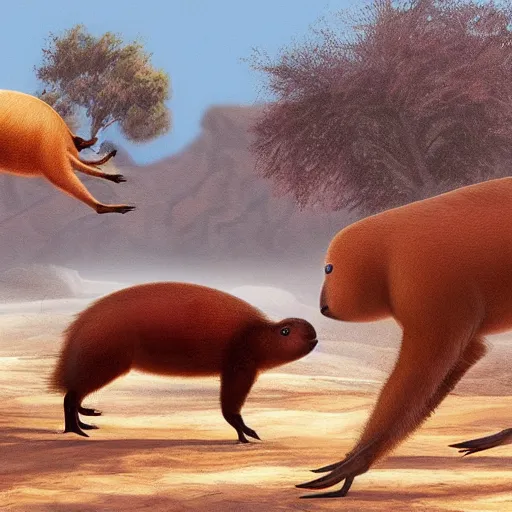 Prompt: capybaras vs emus, concept art, hyper realistic, beautiful, cinematography, 4k