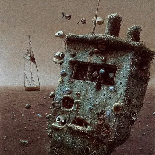 Prompt: dessicated spongebob rotting at the bottom of the sea beksinski