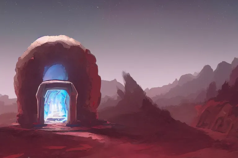 Prompt: a single distant fleshy glowing portal opens up in an otherwise dark and desolate landscape : retro, sci - fi, concept art