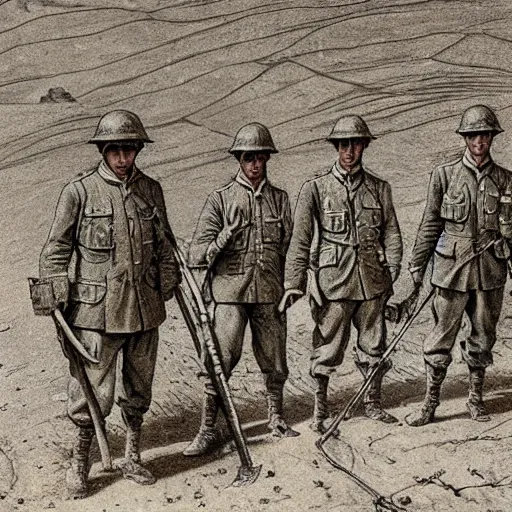 Image similar to ultra detailed photorealistic sepia - toned line drawing from 1 9 1 7, a small group of british soldiers standing at an archaeological dig site in wadi rum, ultra realistic, painted, intricate details, lovecraft, atmospheric, dark, horror, brooding, highly detailed, by clyde caldwell