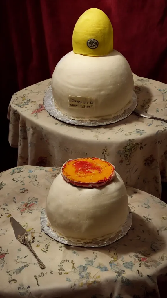 Prompt: a cake in the shape of a nuclear bomb, on a velvet table cloth, soft focus