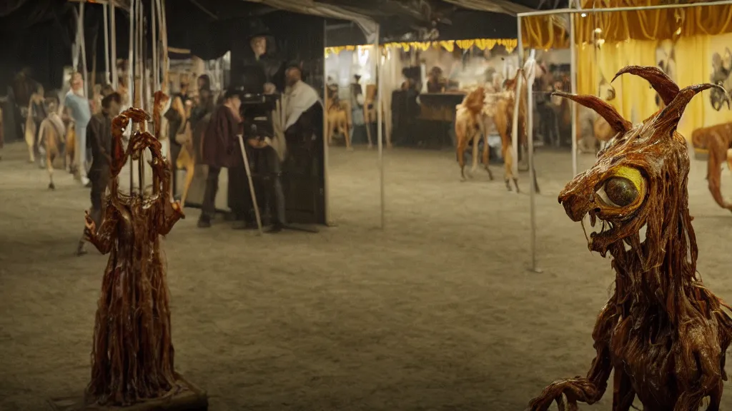 Prompt: the strange creature at the county fair, made of wax and oil, film still from the movie directed by Denis Villeneuve with art direction by Salvador Dalí, wide lens