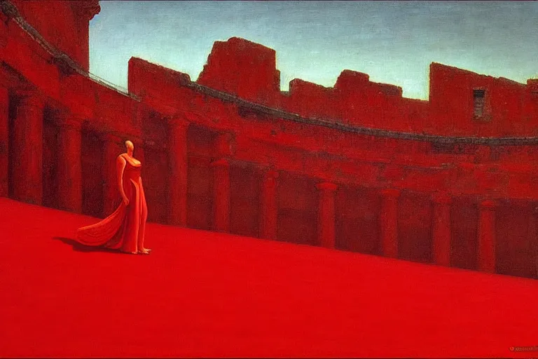 Image similar to only with red, a red great emperor, taormina amphitheatre, crowd with big smile, in the style of beksinski, parts by edward hopper, parts by rodcenko, parts by yue minjun, intricate and epic composition, red by caravaggio, insanely quality, highly detailed, masterpiece, red light, artstation, 4 k