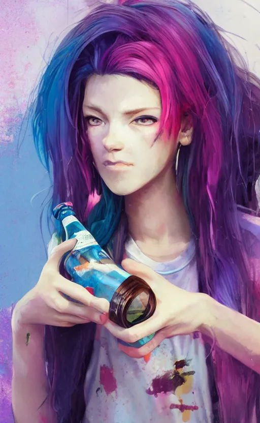 Prompt: a grungy woman with rainbow hair, drunk, holding bottle, soft eyes and narrow chin, dainty figure, long hair straight down, torn kawaii shirt and baggy jeans, basic white background, In style of by Jordan Grimmer and greg rutkowski, crisp lines and color,