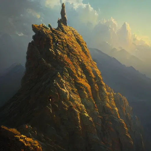 Prompt: a lone skyscraper standing on the peak of a mountain, beautiful, highly-detailed oil painting by Greg Rutkowski