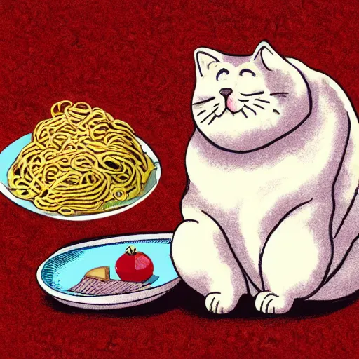 Image similar to obese cat sitting next to a slice of toast with indomie mi goreng noodles on top, traditional artstyle