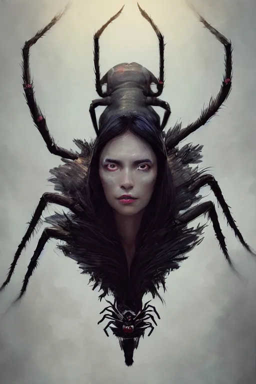 Image similar to A fancy portrait of an attractive spider women creature by Greg Rutkowski, beeple, Sung Choi, Mitchell Mohrhauser, Maciej Kuciara, Johnson Ting, Maxim Verehin, Peter Konig, Bloodborne, 8k photorealistic, cinematic lighting, HD, high details, dramatic, dark atmosphere, trending on artstation