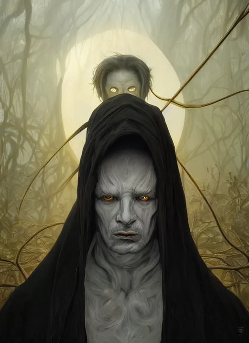 Image similar to Portrait of Elim Garak, white glowing eyes, black shaggy hair, cloak, ethereal, male, fantasy, extremely detailed, digital painting, artstation, concept art, smooth, sharp focus, illustration, stunning lighting, art by artgerm and greg rutkowski and alphonse mucha and simon stalenhag, realistic character concept, high fantasy, light atmosphere, golden ratio, cinematic lighting, hyperdetailed, high resolution, insanely detailed and intricate, artstation, Marc Simonetti, Greg Rutkowski, 8k