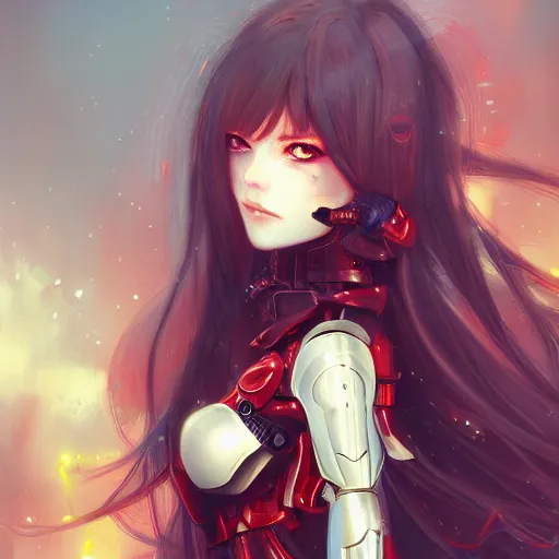 Image similar to cute red armored cyborg - anime girl, long gold hair, yellow eyes, digitally painted by ross draws, extreme high intricate details by wlop, digital anime art, black shadows, stylized shading