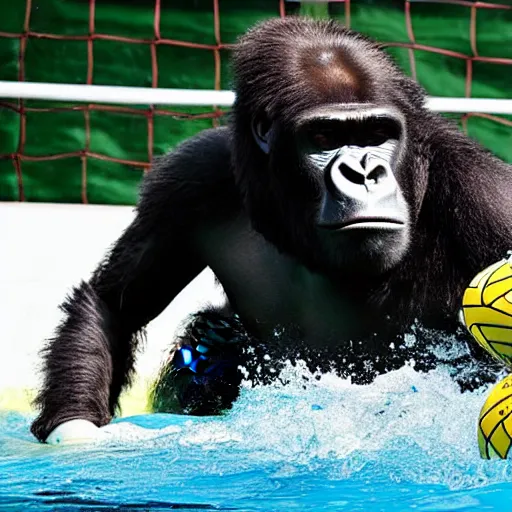 Image similar to a water polo goalkeeper stopping a ball thrown by a silverback gorilla