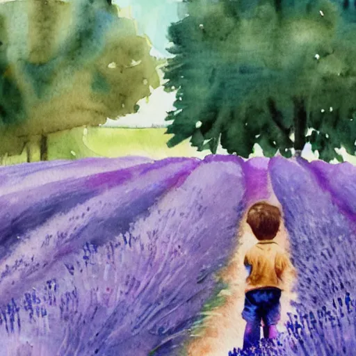 Prompt: a young boy walking in a field of lavender, talking on the phone and smiling, watercolour painting, french style,