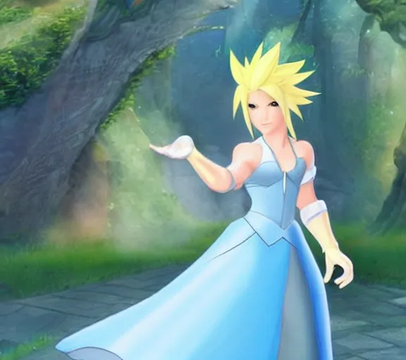 Prompt: Cloud from Final Fantasy as a Disney princess, animated movie still.