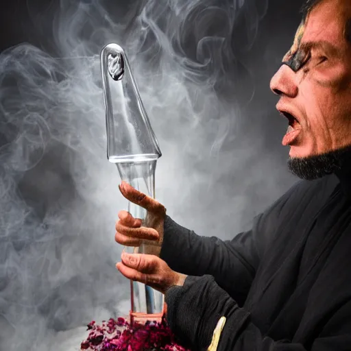 Image similar to a stoned grim reaper exhaling a large hit from his crystal bong, award winning composite photography