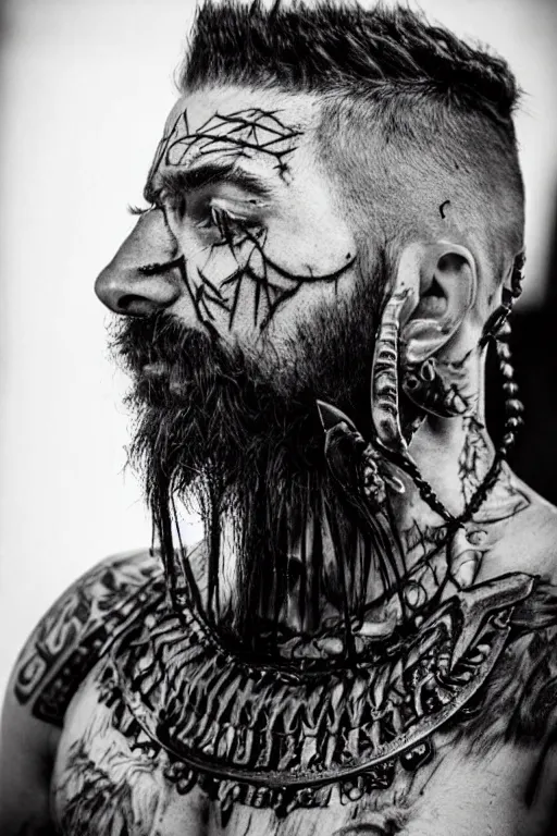 Prompt: a cinematic view of wide bw photo from a very ornated old shavo odadjian viking, half shaved haircut, braided beard, showing nordic tattoos in the head, scars in the face, feather earing, using leather armour with necklace of teeth, marvelous expression, photorealistic, volummetric light, detailed, texturized, zeiss lens high professional mode