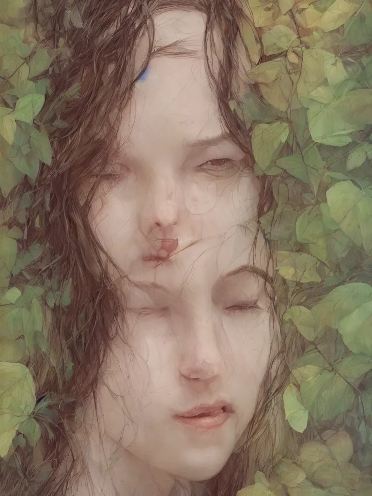 Prompt: artist james jean and sam spratt beautiful illustration of a natural women in a forest, high detail, artstation, natural colors, closed eyes, smile,