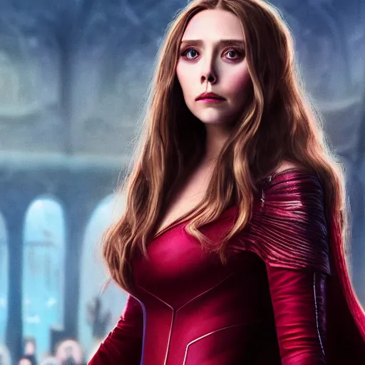 Image similar to A portrait of elizabeth Olsen as scarlet witch with the scarlet witch crown, cinematic, digital art, amazing detail