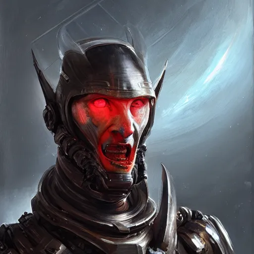 Image similar to Portrait of an alien man by Greg Rutkowski, hard predatory look pointed ears, prominent jaw and visible fangs, wearing a futuristic space tactical gear that looks like a mix between the samurai, viking and templar aesthetics, mix between tribal and hi-tech, highly detailed portrait, scifi, space opera, digital painting, artstation, concept art, smooth, sharp foccus ilustration, Artstation HQ