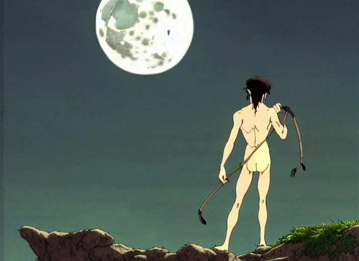 Prompt: a still from a studio ghibli movie of a cartoon half goat half man from princess mononoke ( 1 9 9 7 ), in front of a pale full moon, full body, wide shot, very dull muted colors, studio ghibli, highly detailed, deviantart, art by artgem