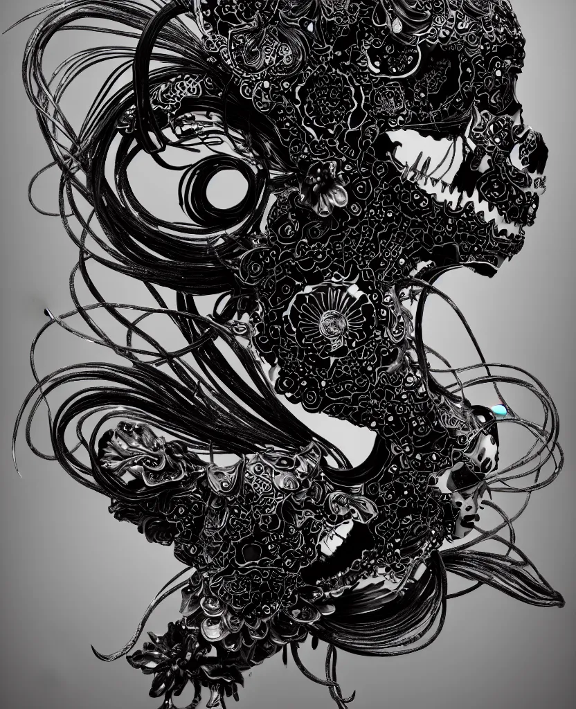 Image similar to goddess princess face close-up portrait ram skull. sculpture made of black and dichroic. jellyfish phoenix head, nautilus, orchid, skull, betta fish, bioluminiscent creatures, intricate artwork by Tooth Wu and wlop and beeple. octane render, trending on artstation, greg rutkowski very coherent symmetrical artwork. cinematic, hyper realism, high detail, octane render, 8k