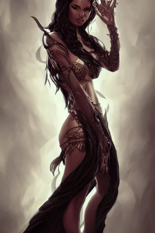 Prompt: full body portrait of sensual dark priestess, gorgeous, amazing, elegant, intricate, highly detailed, digital painting, artstation, concept art, sharp focus, illustration, art by Ross tran