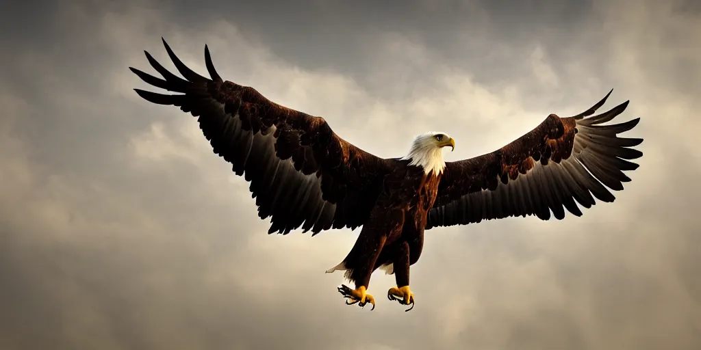 Image similar to a majestic eagle made of stone, spreading it's wings wide and calling to the sky, hazy sky, mountain background, tree line, stylish, beautiful, epic