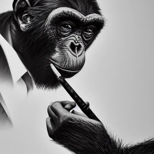 Image similar to a high detail photo of donald trump smoking a cigarrette, subject= chimp, subject detail: extremly detailed, subject action: smoking a cigar, photorealism, dramatic lighting, award winning photograph, trending on artstation