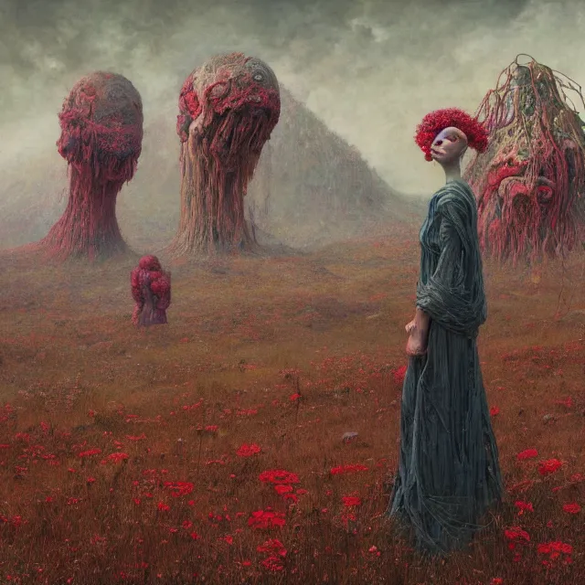 Image similar to A woman wearing clothes made out of thunder clouds and flowers, giant monsters in the background, red skin, Masterpiece, glowing, wires everywhere, by Edgar Maxence and Ross Tran, Zdzisław Beksiński, and Michael Whelan, distant, gustav dore, H.R. Giger, 8k, octane render