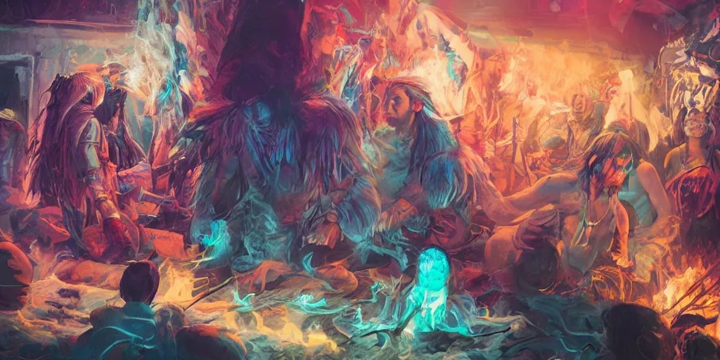 Image similar to of Native American shaman drumming by Liam Wong and Boris Vallejo