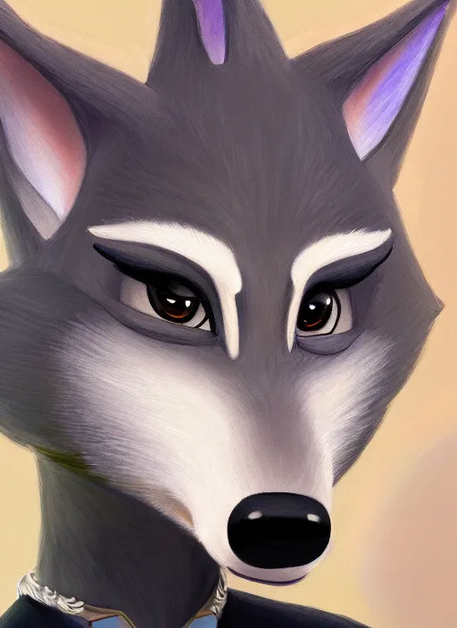 Image similar to oil painting of anthromorphic female wolf, in style of zootopia, female fursona, furry, furaffinity, 4 k, deviantart, furry art, fursona art, wearing black business suit, business suit, wolf fursona, female, very expressive detailed feminine face,