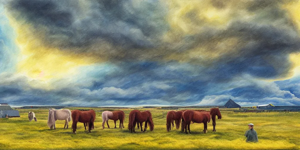 Prompt: a beautiful painting of a icelandic farm, one icelandic horses galloping, storm clouds gathering over the town, by studio ghibli 8 k pastel colours, isometric, six point perspective, drone shot, smeared watercolours, golden light, film grain