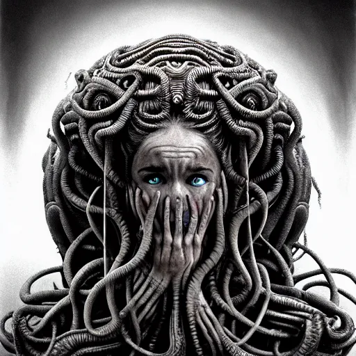 Prompt: alien sad medusa, face of emilia clarke, crying blood, tubular creature, blood vesels, no face, dystopian surrealism, art style alex ries giger, zdzisław beksinski, symmetry accurate features, very intricate details, high resolution, 4 k, intricate, sharp