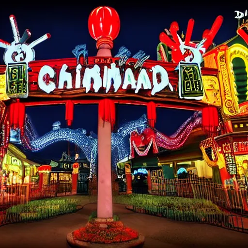 Prompt: Dixieland Chinese bootleg theme park of Disneyland, Horror, Creepy, Spooky, McDonald's haunts Dixieland, HDR, Camcorder, VHS quality,