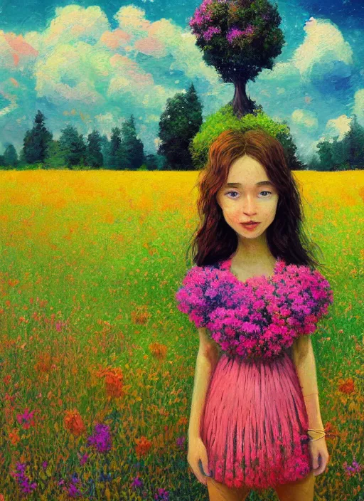 Image similar to girl with flower as a face, flower dress, standing in a flower field, big trees, sunrise dramatic light, impressionist painting, colorful clouds, digital painting, pointillism, artstation, simon stalenhag