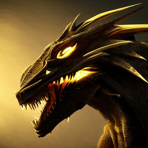 Image similar to portrait of the most fierce dragon ever , photorealistic, intense lighting, unreal engine